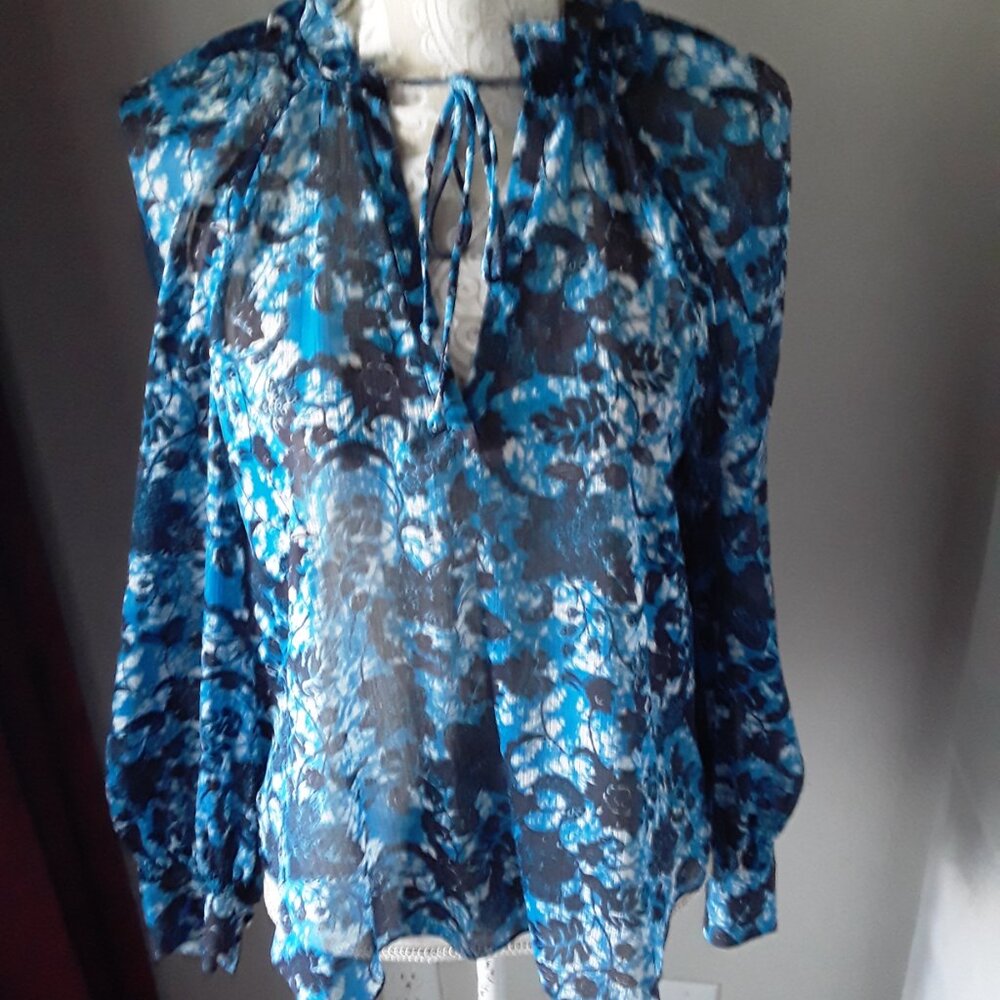 by anthropolgie blue and black semi sheer long sleeve top size M